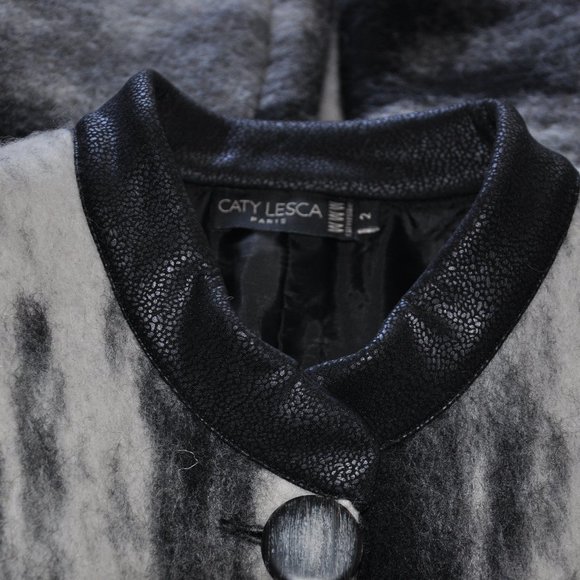 Caty Lesca Paris Black & White Marble Look Boiled Wool Blend Cropped Jacket Coat - Picture 5 of 6